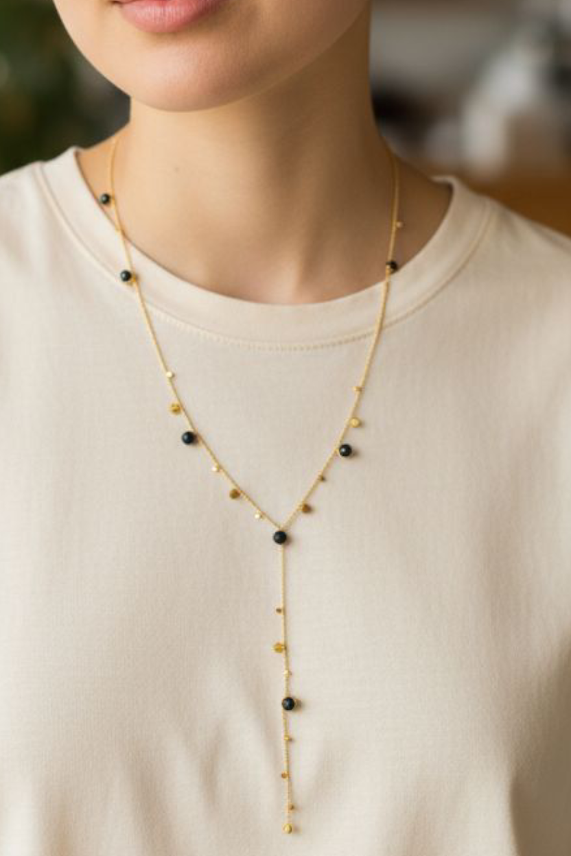 Collier Goutte Précieuse | Ras de Cou Pendentif Y Plaqué Or & Pierres Noires Élégantes
