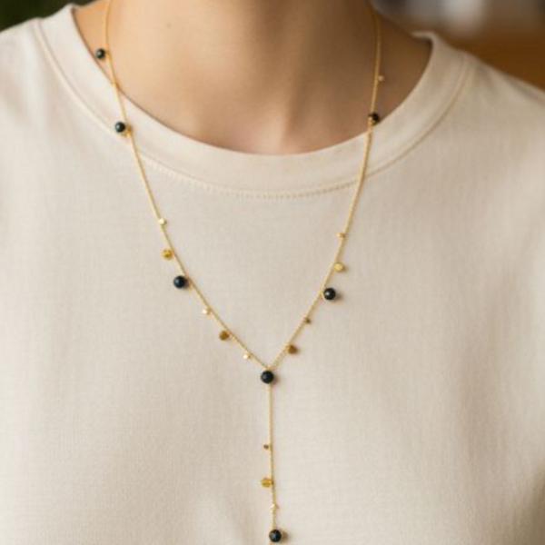 Collier Goutte Précieuse | Ras de Cou Pendentif Y Plaqué Or & Pierres Noires Élégantes