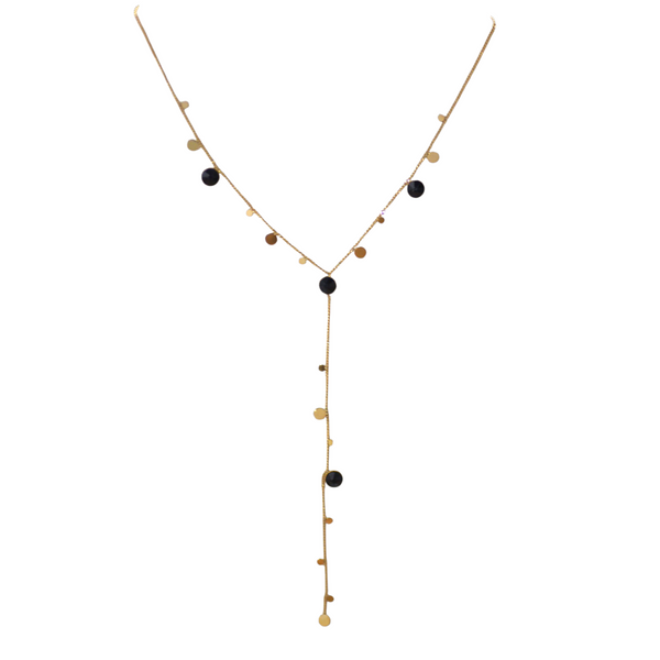 Collier Goutte Précieuse | Ras de Cou Pendentif Y Plaqué Or & Pierres Noires Élégantes