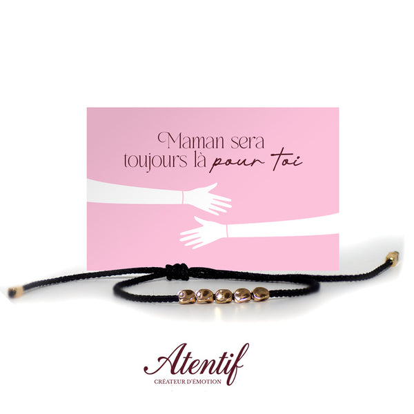 Bracelet "Amour" en Cordon Noir et Perles Dorées